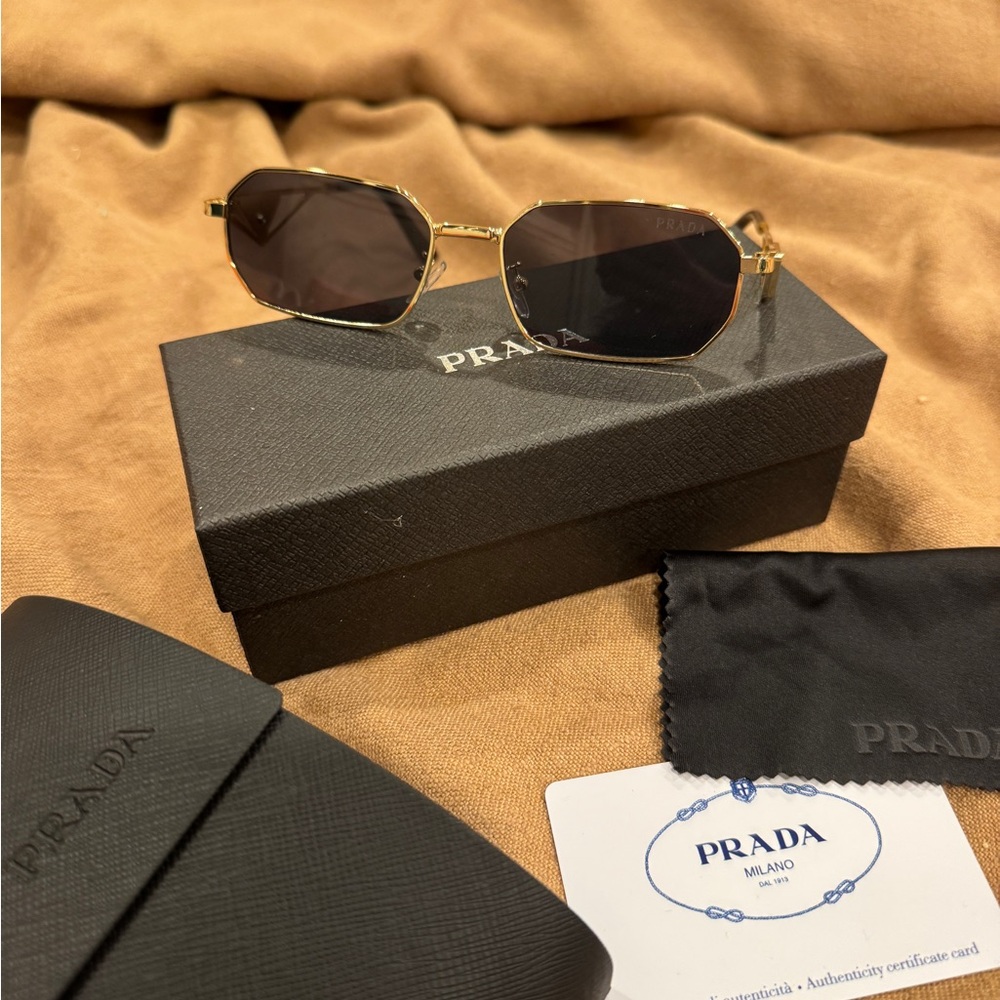 Prada Men's Sunglasses with Gold Frame and Black Lenses
